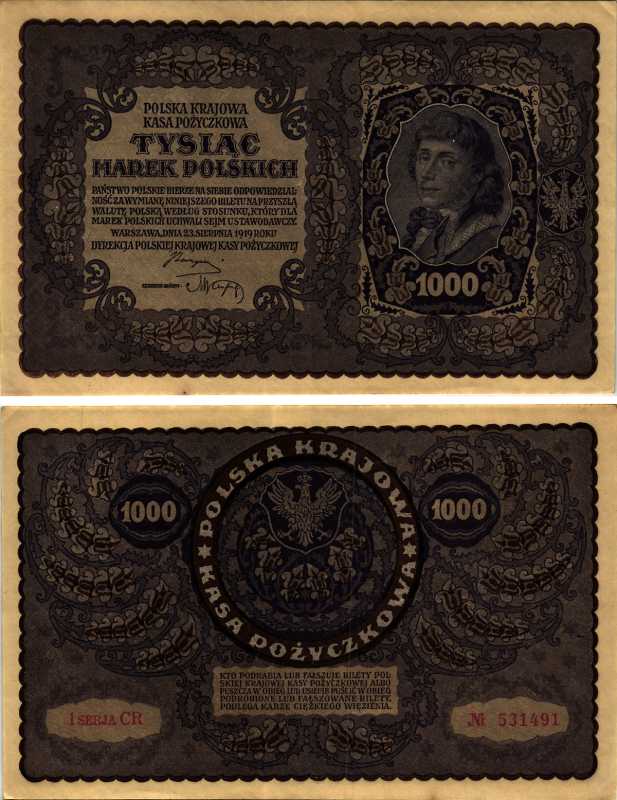 ПОЛЬША 1000 МАРОК 1919 23 АВГУСТА 1919, ТРЕТИЙ ВЫПУСК, ТАДЕУШ КОСТЮШКО Pick 29 бумага XF 7487-44-1