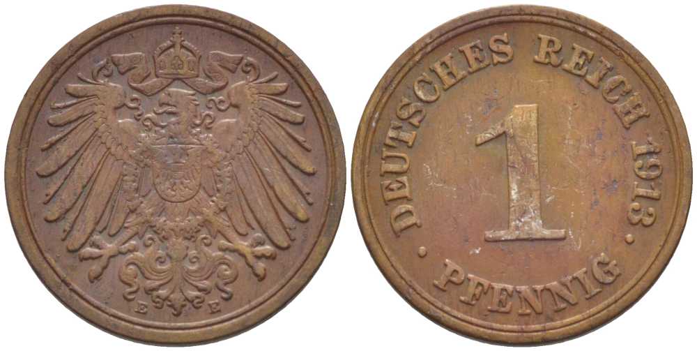 ГЕРМАНИЯ 1 ПФЕННИГ 1913 E KM 10, J. 10, Weege 2 медь 206-422