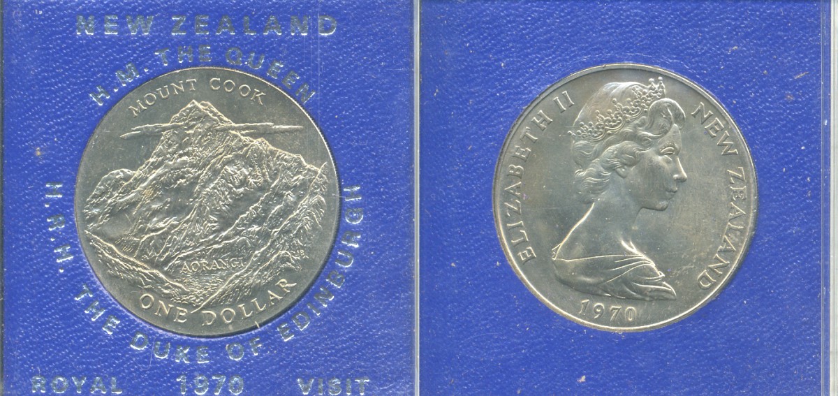 Новая Зеландия 1 доллар 1970 гора Кука, Аораки, Елизавета II (1952-2022), в оригинальной пластиковой упаковке KM 42 медно-никель UNC 06-059-1