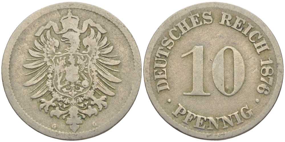 ГЕРМАНИЯ 10 ПФЕННИГОВ 1876 G, СТАРОГЕРБОВКА KM 4, J. 4 медно-никель 4401-914