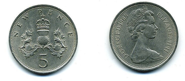 Великобритания 5 пенсов 1968 Елизавета II (1952-2022) KM 911, Spink 4233 (D1) медно-никель UNC 4110-847