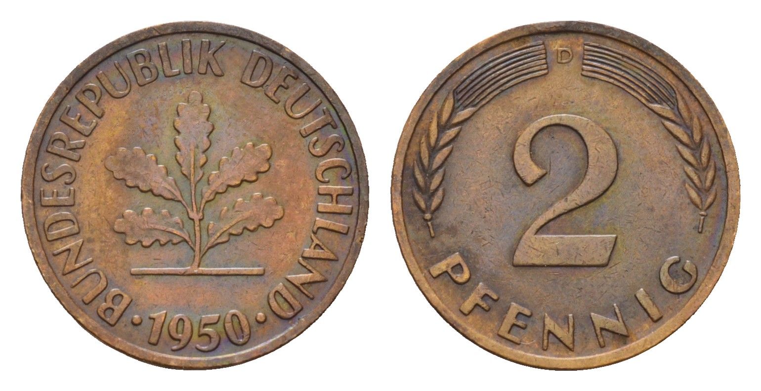 ФРГ 2 пфеннига 1950 D KM 106, J. 381 бронза 4596-347