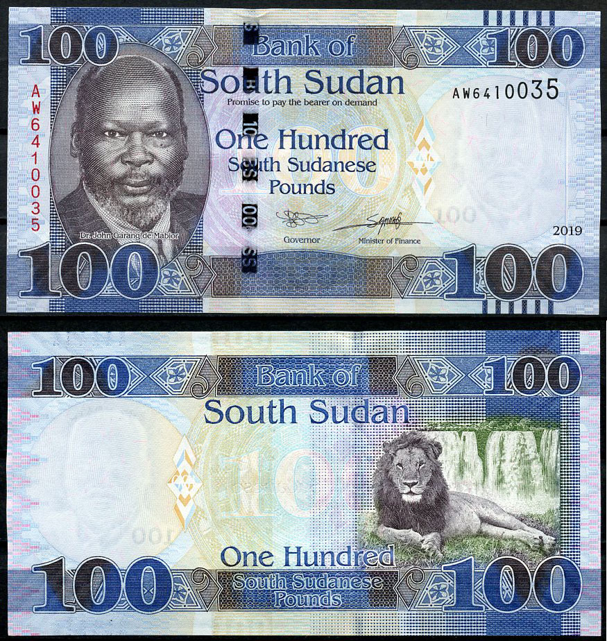 Южный Судан 100 фунтов 2019 Джон Гаранг, лев, водопад Pick 15 a  бумага  UNC (пресс) 448-119-1