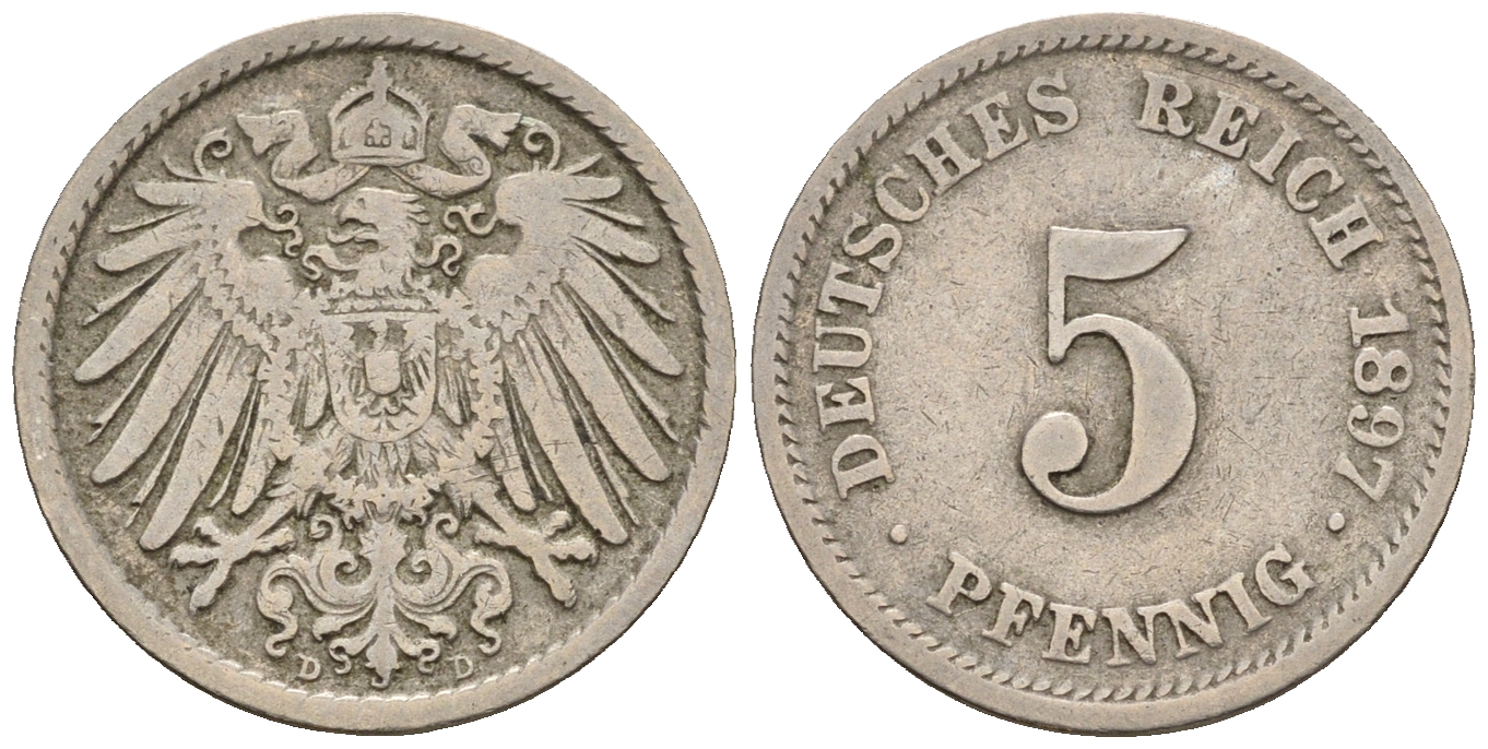 Германия 5 пфеннигов 1897 D, KM 11, J. 12 медно-никель 220-639