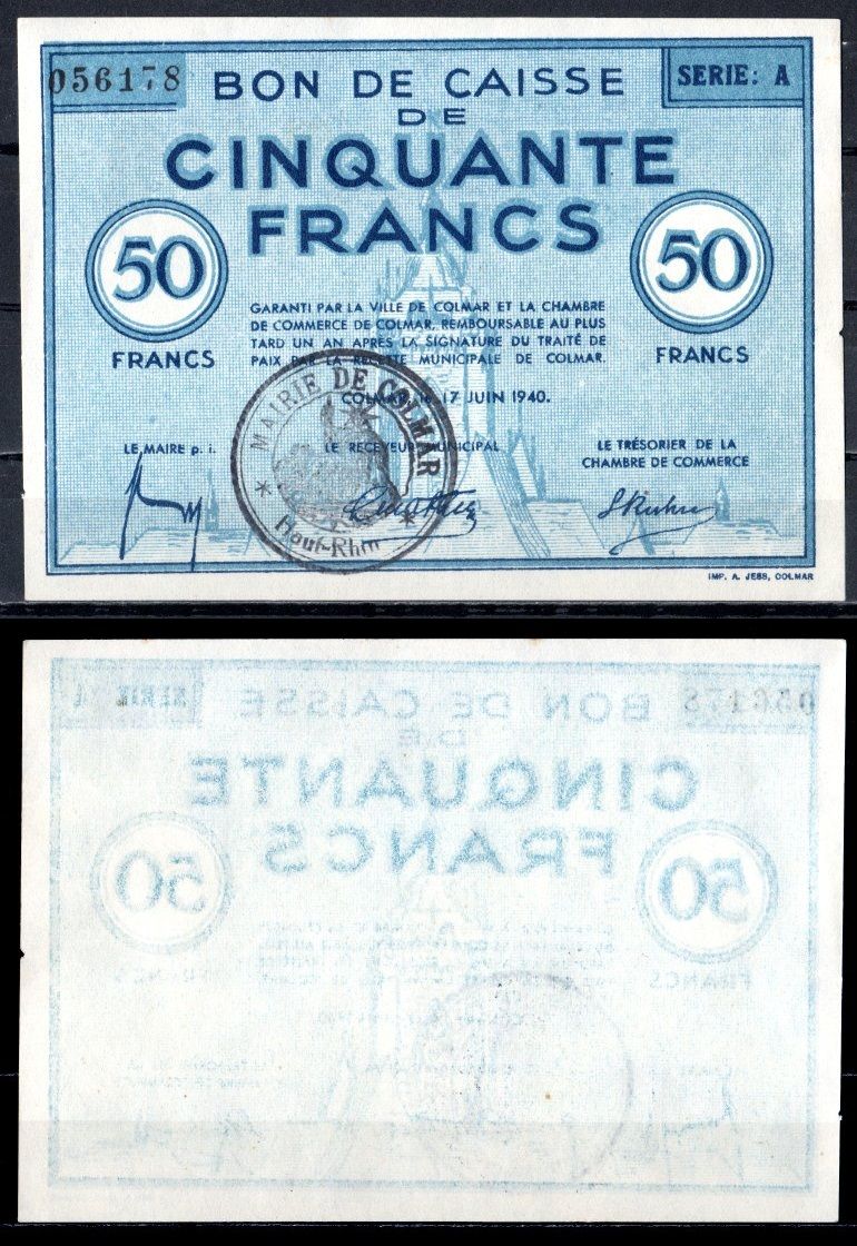 Франция, Кольмар 50 франков 1940 бумага UNC (пресс) 451-1025-2