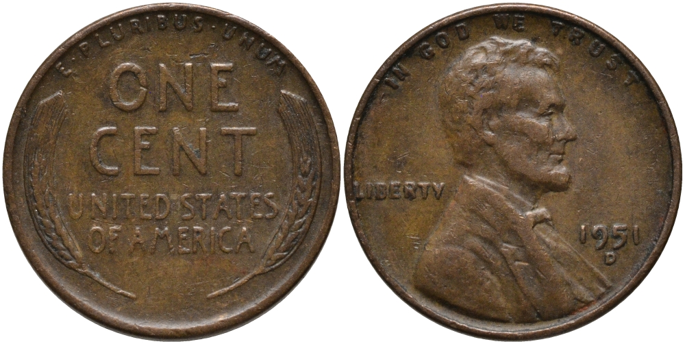 США 1 цент 1951 D, Линкольн KM А132 медь цинк 4608-955