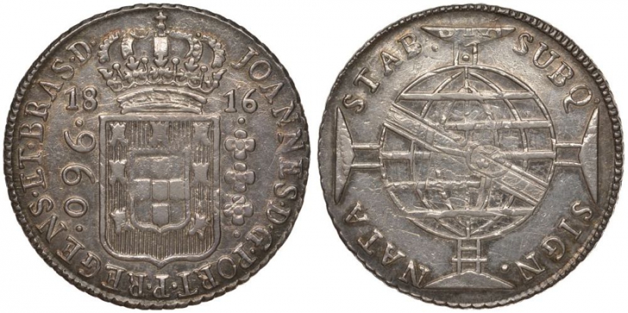 Бразилия 960 рейс 1816 монетный двор не прочеканен, перечекан, патина, Жоао принц-регент (1799-1818) KM 307 серебро 00-814-67