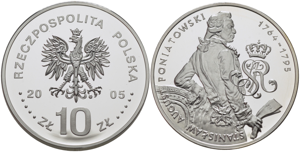 Польша 10 злотых 2005 MW, Станислав Август Понятовский (1764-1795), поясной портрет KM 553 серебро PROOF 1074-8-35