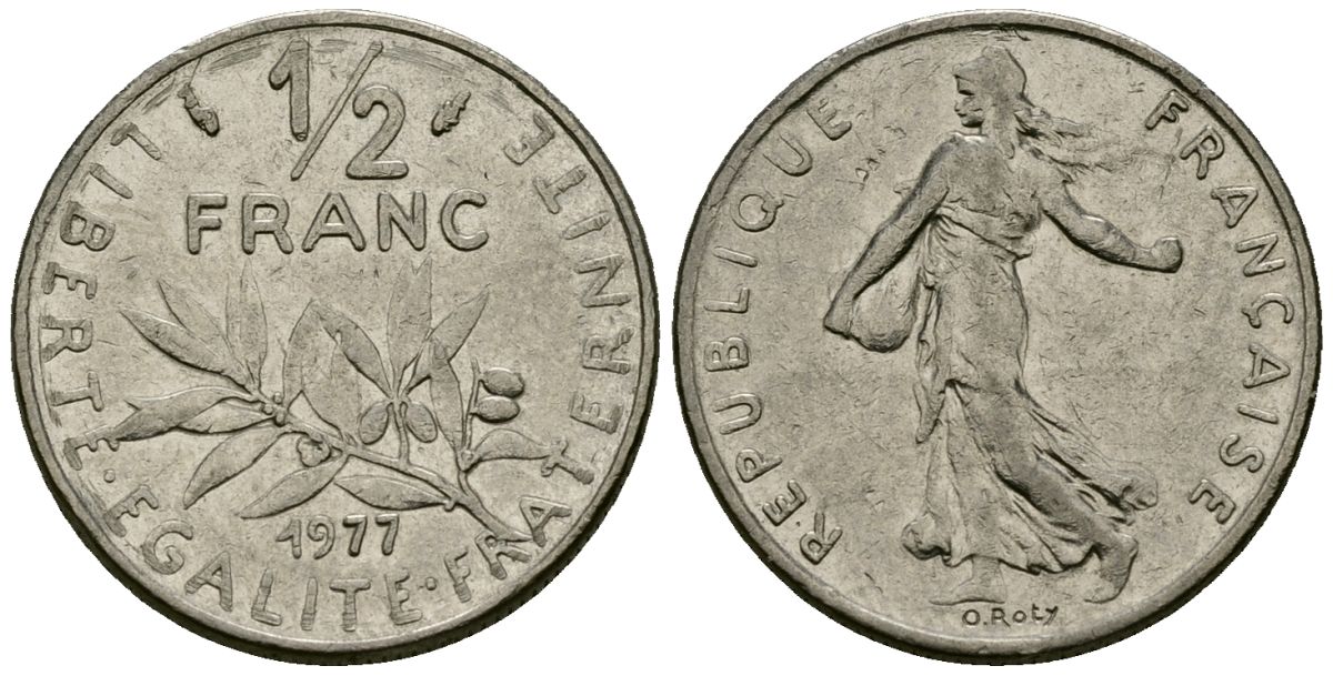 Франция 1/2 франка 1977 сеятель KM 931 никель 4135-723