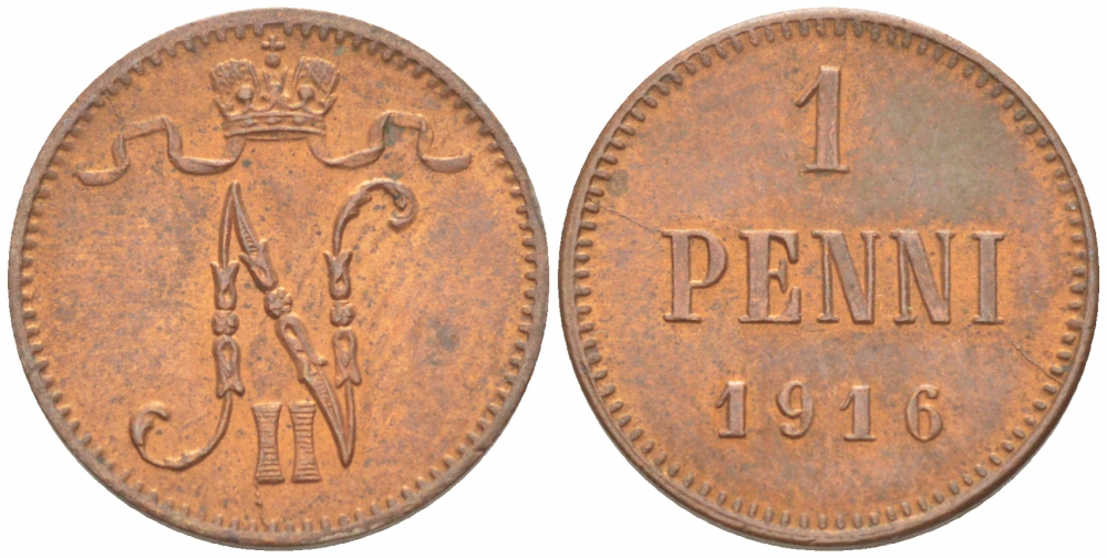 РОССИЯ ДЛЯ ФИНЛЯНДИИ 1 ПЕННИ 1916 НИКОЛАЙ II (1895-1917) KM 13, Биткин 476 медь 211-1036