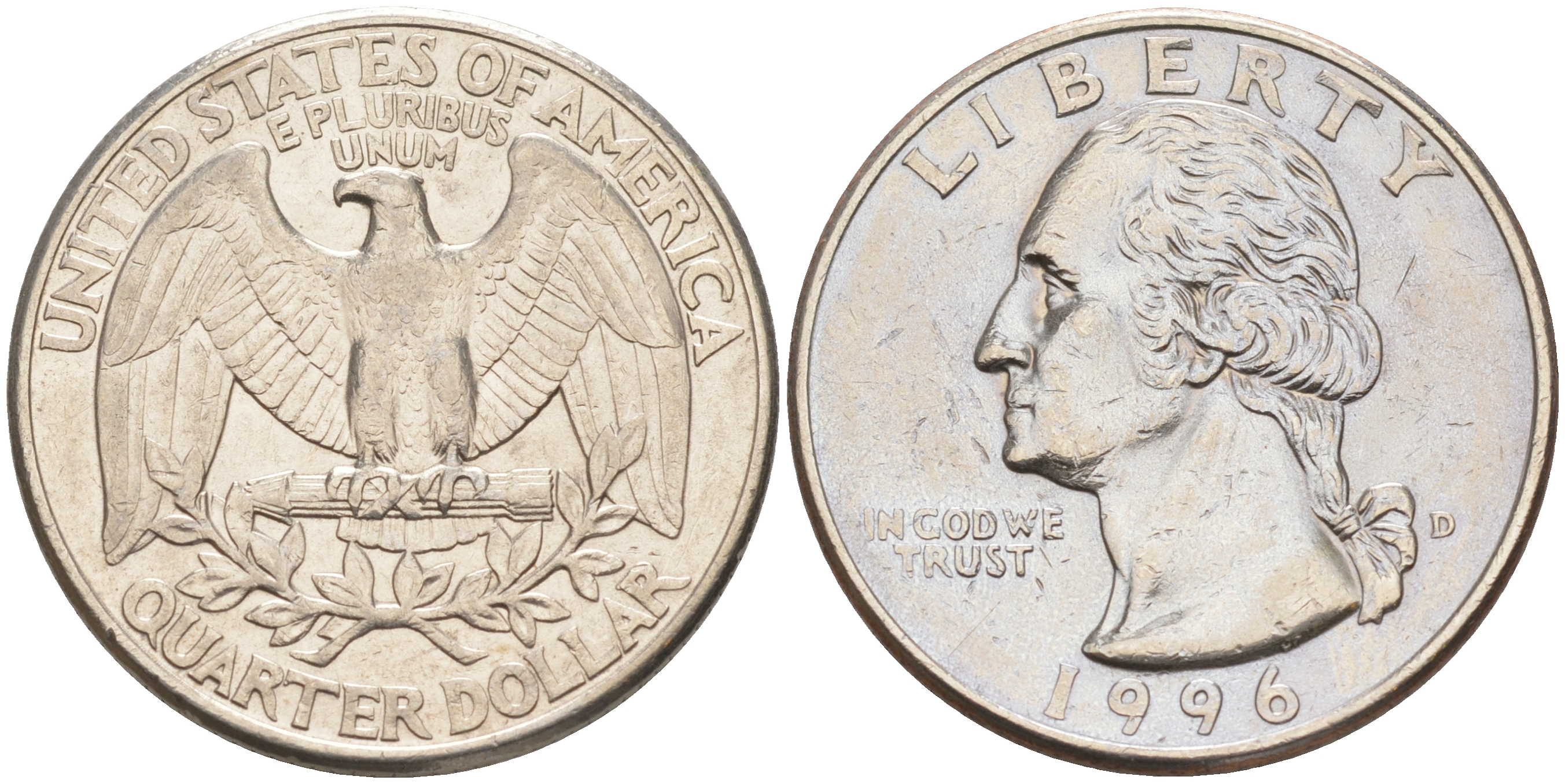 США 25 центов (квотер) 1996 D, Вашингтон KM А164а медь плакированная медно-никелем 190-425