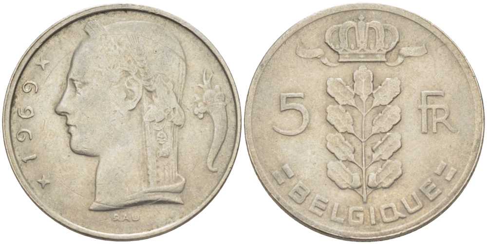 БЕЛЬГИЯ 5 ФРАНКОВ 1969 BELGIQUE, БОДУЭН I (1951-1993) KM 134.1 медно-никель 202-1245