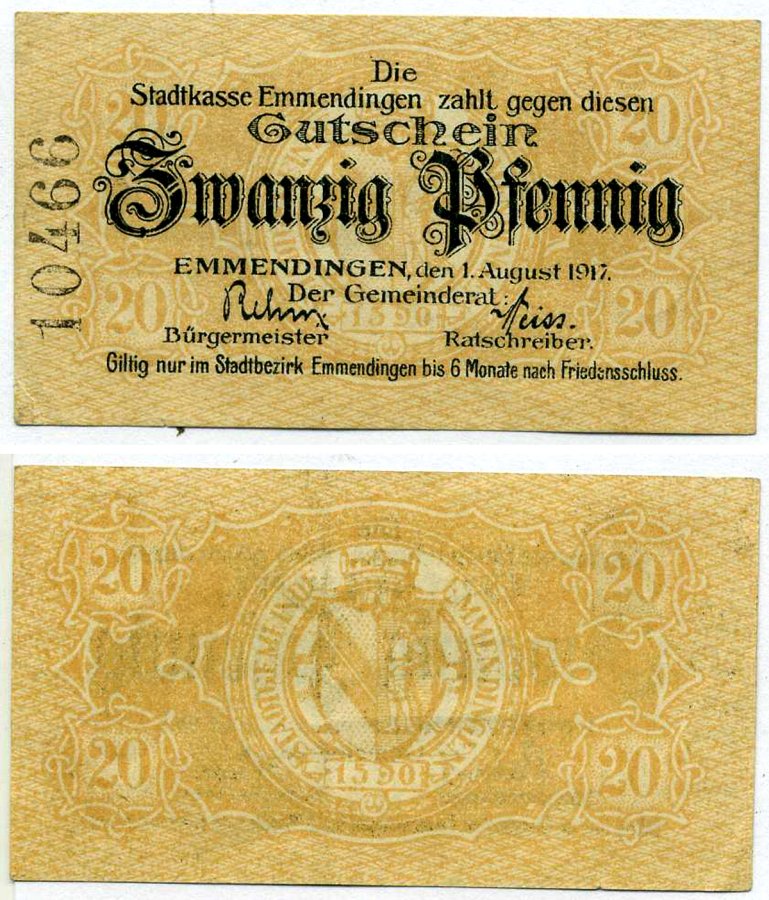Эммендинген 20 пфеннигов 1917 1 августа 1917, нотгельд, земля Баден-Вюртемберг Grabowski E17.1b бумага 2195-26-3-2