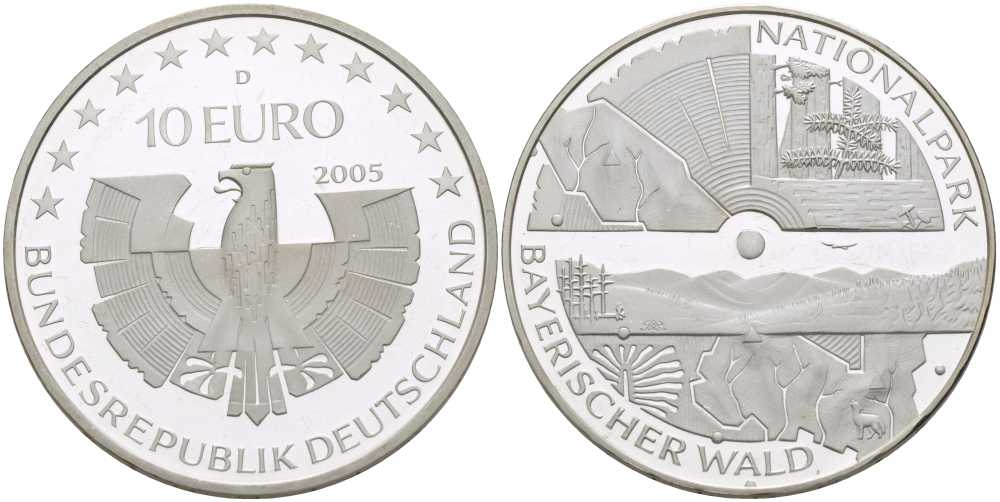 ФРГ 10 евро 2005 D, национальный парк, баварский лес KM 241, DE.S. 10.19 серебро PROOF 413-2033