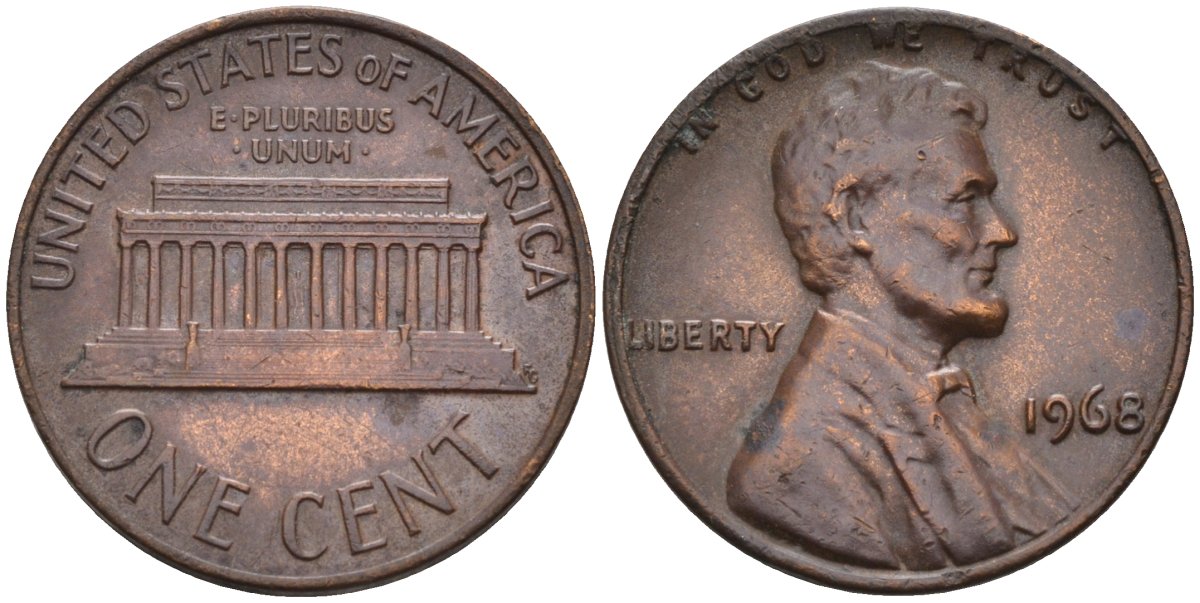 США 1 цент 1968 Линкольн KM 201 медь цинк 4580-412
