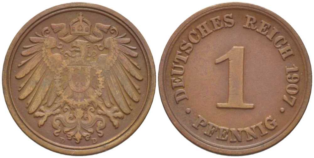 ГЕРМАНИЯ 1 ПФЕННИГ 1907 D KM 10, J. 10, Weege 2 медь 211-358