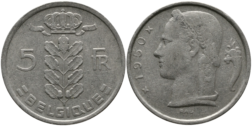 БЕЛЬГИЯ 5 ФРАНКОВ 1950 BELGIQUE KM 134.1 медно-никель 98-625