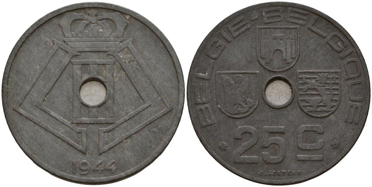 Бельгия 25 сантимов 1944 Belgie - Belgique, Леопольд III (1934-1947), германская оккупация, Вторая мировая война KM 132 цинк 4157-622