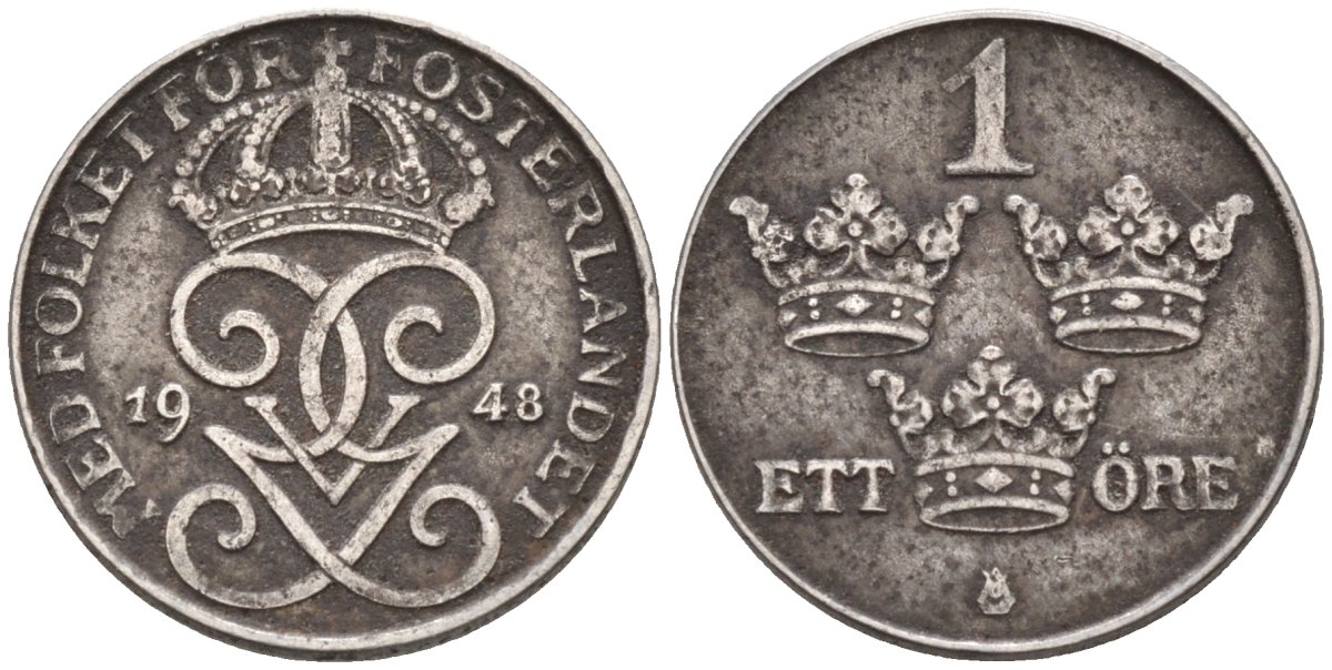 Швеция 1 эре 1948 Густав V (1907-1950) KM 810 железо 4585-324