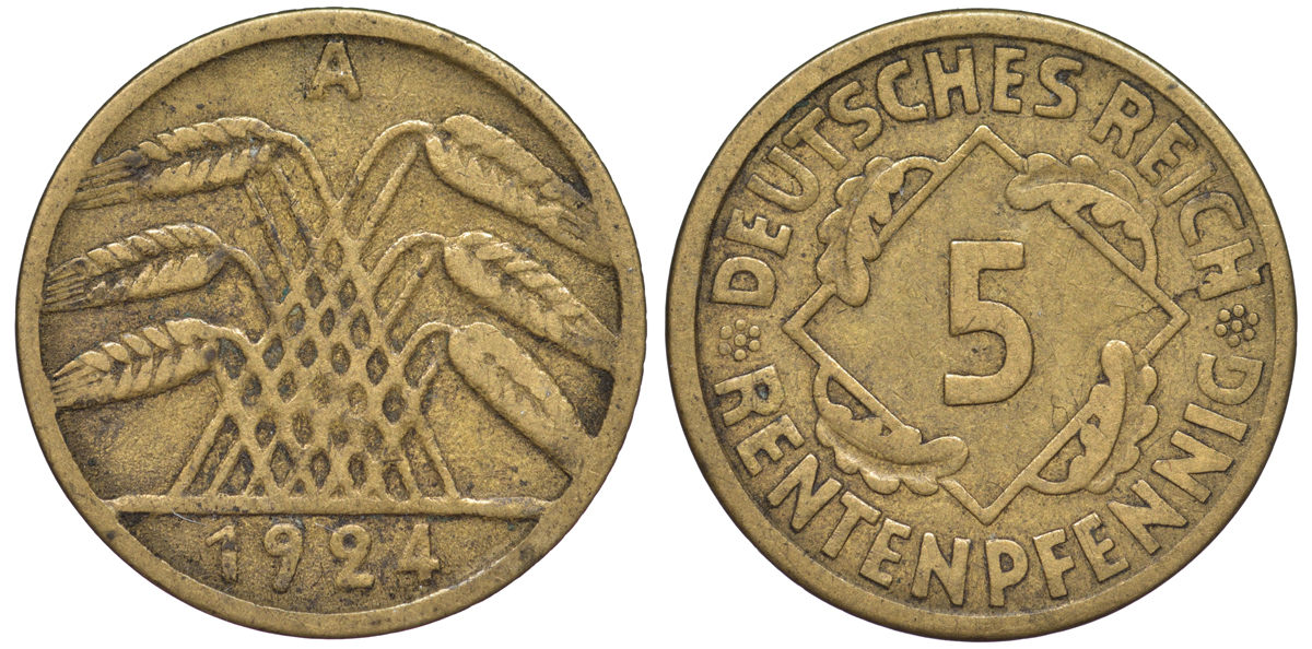 Германия 5 рентенпфеннигов 1924 A KM 32, J. 308 алюминиевая бронза 4602-741