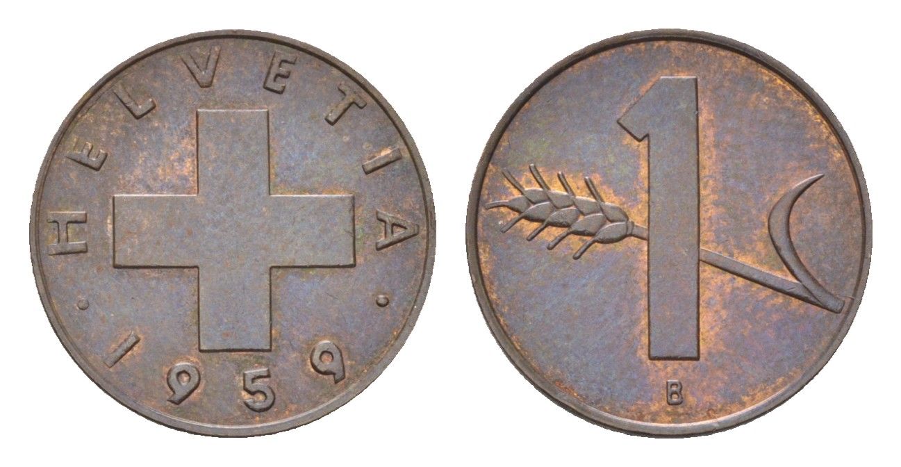 Швейцария 1 раппен 1959 B KM 46 бронза UNC 4708-247