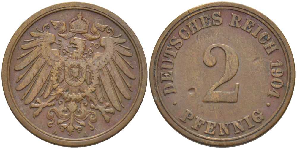 ГЕРМАНИЯ 2 ПФЕННИГА 1904 D KM 16, J. 11, Weege 4 медь 206-465