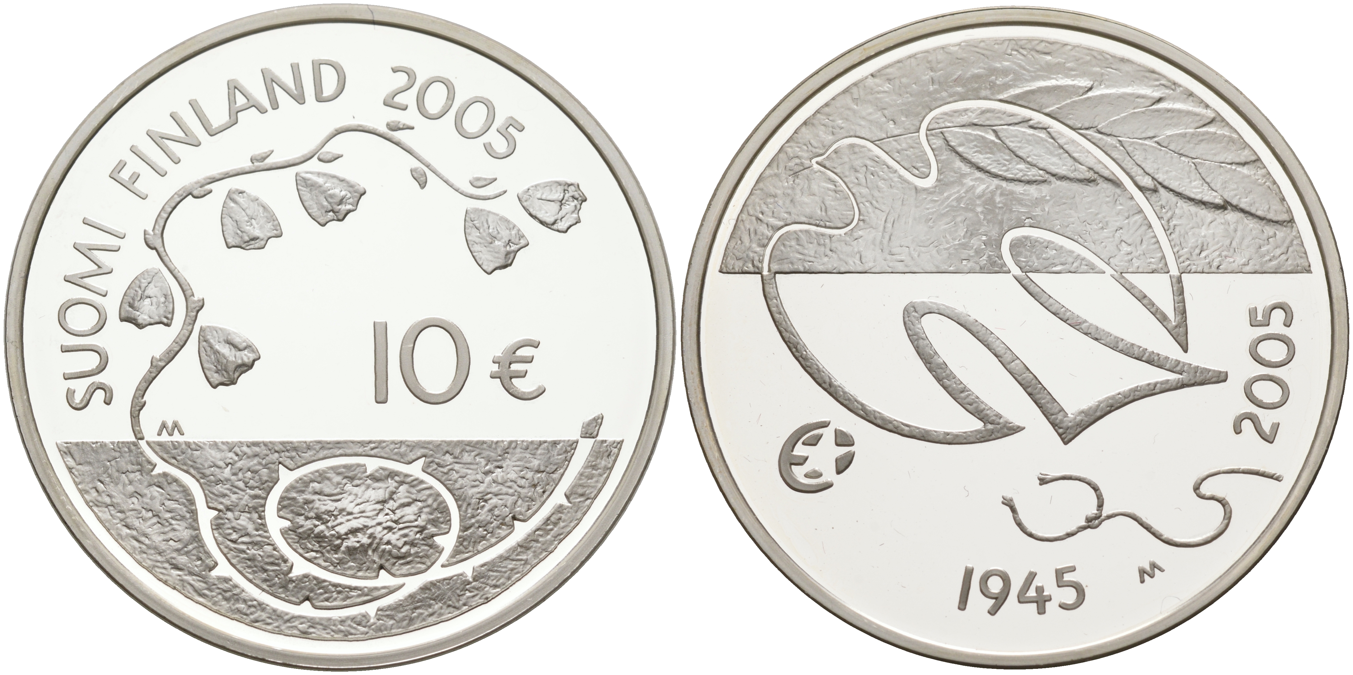 Финляндия 10 евро 2005 60 лет мира в Европе, голубь мира KM 120 серебро  PROOF  1098-3-14