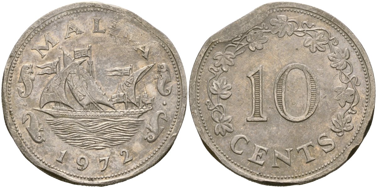 Мальта 10 центов 1972 баржа Великого магистра KM 11 медно-никель 4137-821