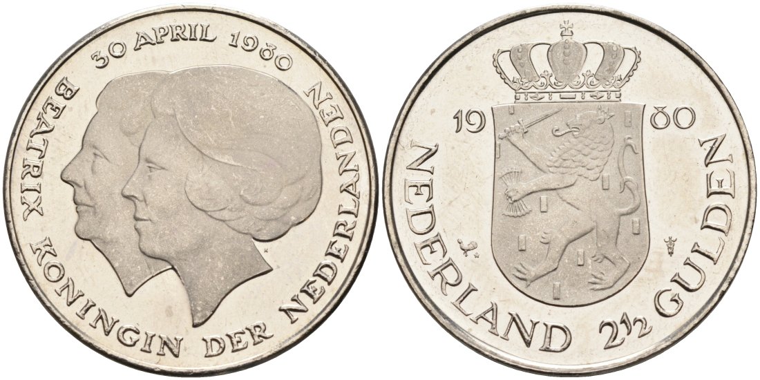 Нидерланды 2 1/2 гульдена 1980 коронация Беатрикс, 30 апреля 1980 KM 201 никель UNC 88-1122