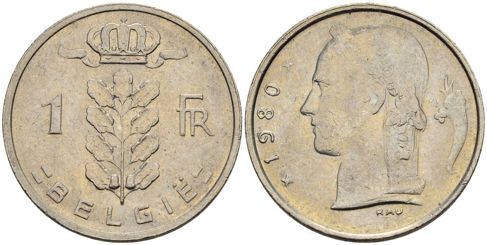 БЕЛЬГИЯ 1 ФРАНК 1980 BELGIE KM 143.1 медно-никель 4546-432