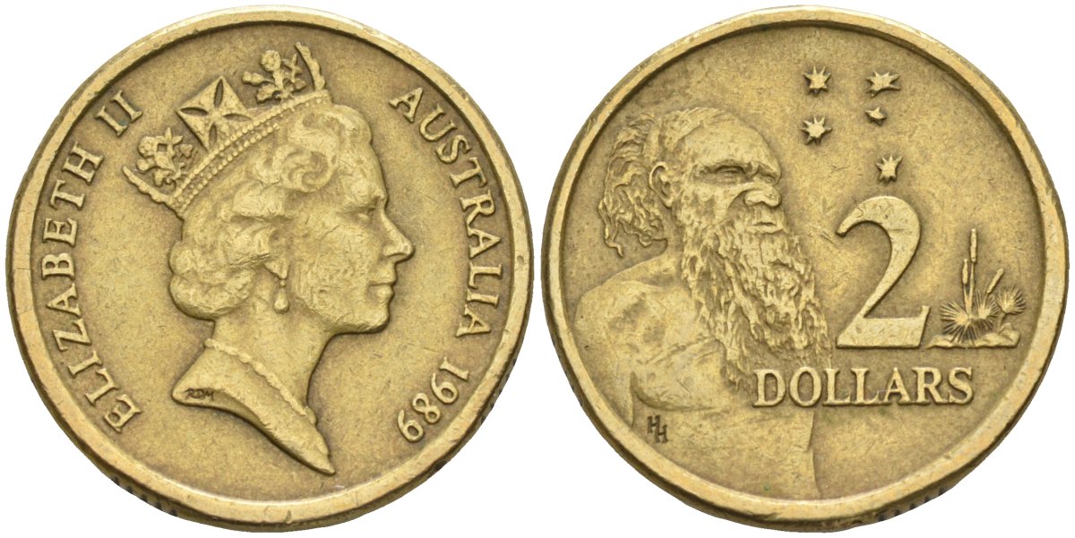 Австралия 2 доллара 1989 абориген, Елизавета II (1953-) KM 101 алюминиевая бронза 4126-1051
