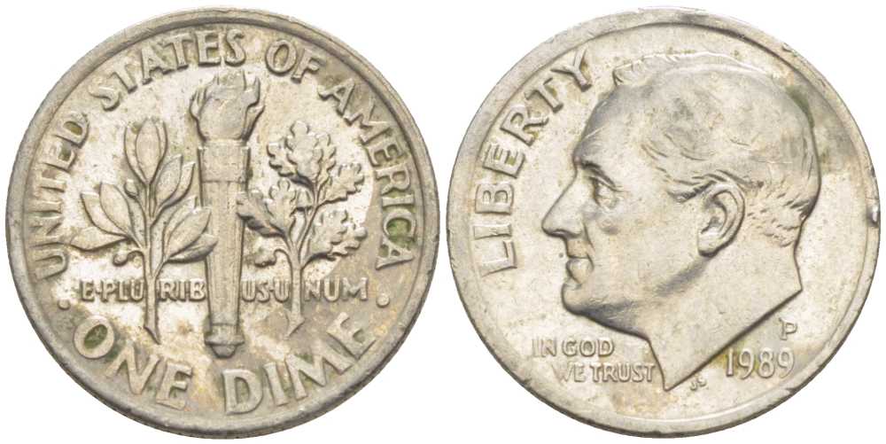 США 10 ЦЕНТОВ = 1 ДАЙМ 1989 Р, РУЗВЕЛЬТ KM 195а медь плакированная медно-никелем 211-1142