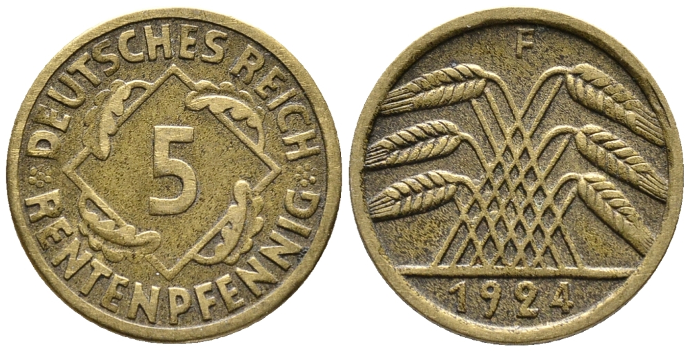 ГЕРМАНИЯ 5 РЕНТЕНПФЕННИГОВ 1924 A KM 32, J. 308 алюминиевая бронза 39-441