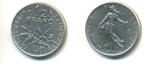 Франция 1/2 франка 1965 сеятель KM 931, Le Franc 198.3 никель 89-312