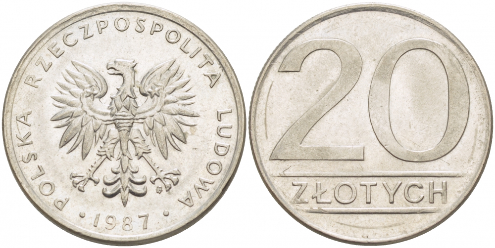 ПОЛЬША 20 ЗЛОТЫХ 1987 KM 153.1 медно-никель 77-452