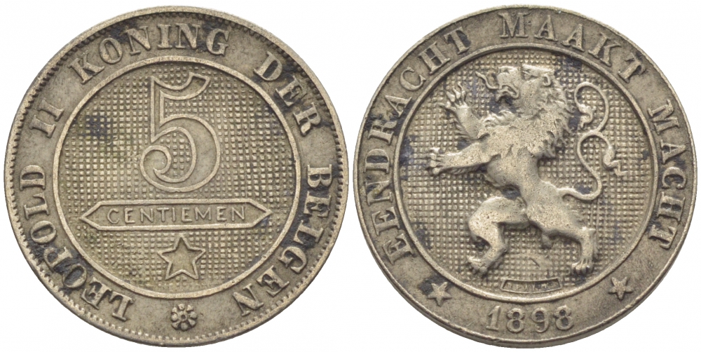 БЕЛЬГИЯ 5 САНТИМОВ 1898 BELGEN KM 41 медно-никель 116-727