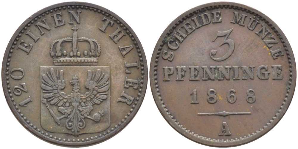 ПРУССИЯ 3 ПФЕННИГА 1868 А, ВИЛЬГЕЛЬМ I (1861-1888) KM 482 медь 117-1121