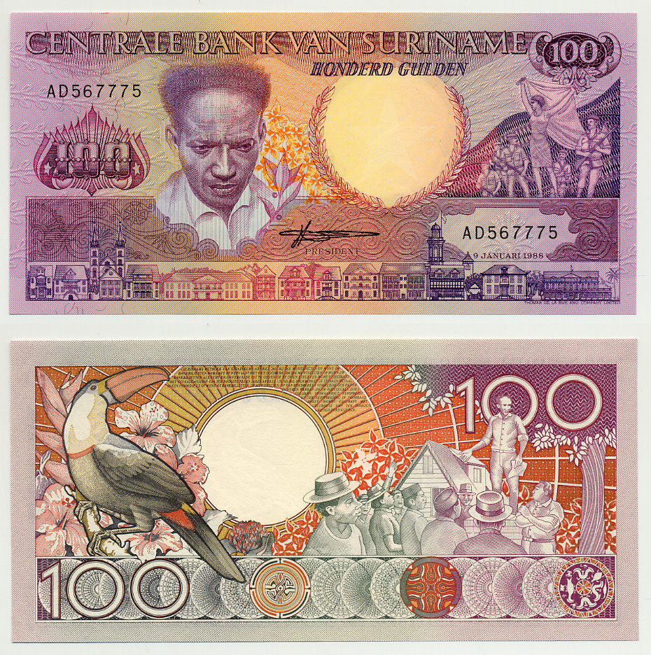 Суринам 100 гульденов 1988 Антон де Ком, тукан на ветке Pick 133 b бумага UNC (пресс) 7485-46-1