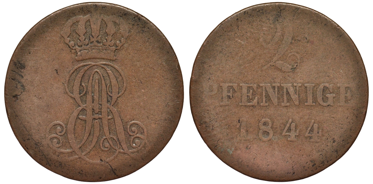 Ганновер 2 пфеннига 1844 A, Эрнст Август (1837-1851) KM 174.1, AKS 122, J. 55 медь 75-1755