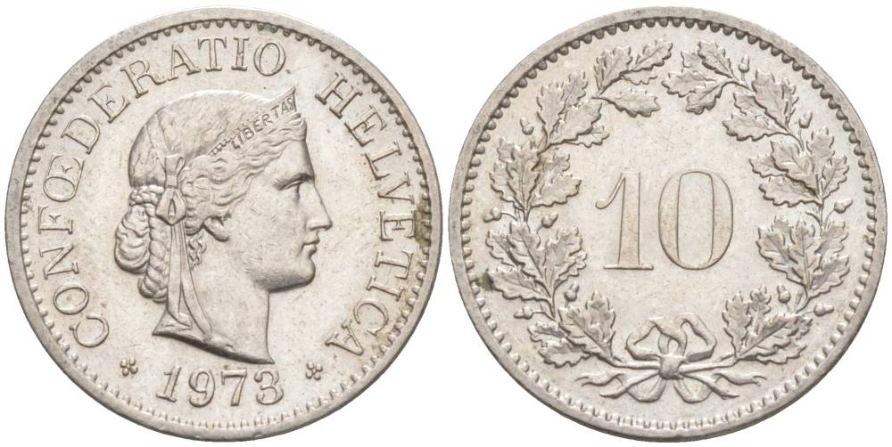 Швейцария 10 раппенов 1973 KM 27 медно-никель 55-443