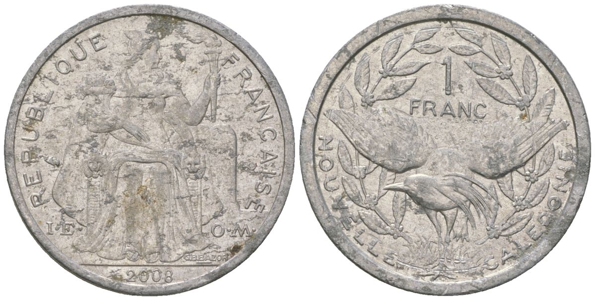 Французская Новая Каледония 1 франк 2008 птица кагу, (IEOM) KM 10, Schoen 10 алюминий 55-225