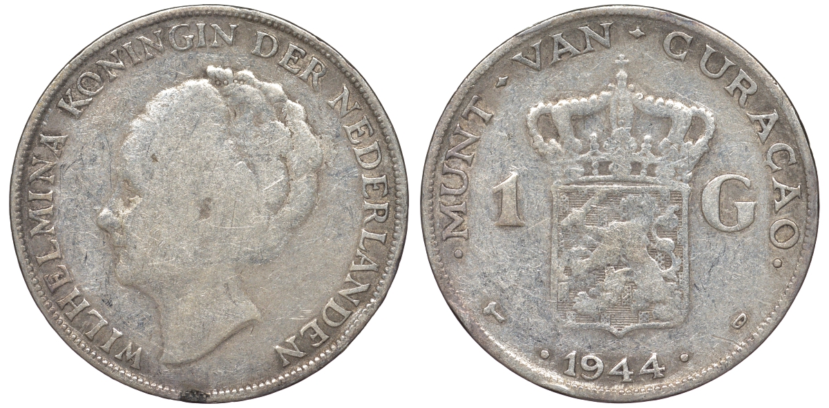 Нидерландское Кюрасао 1 гульден 1944 D, Вильгельмина (1890-1948) KM 45 серебро 36-514