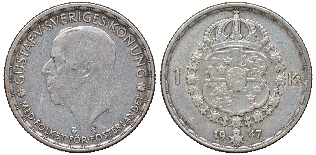 Швеция 1 крона 1947 TS, Густав V (1907-1950) KM 814 серебро 4178-716