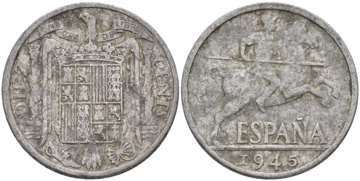 Испания 10 сентимо 1945 Франсиско Франко (1939 - 1975) KM 766 алюминий 4155-231