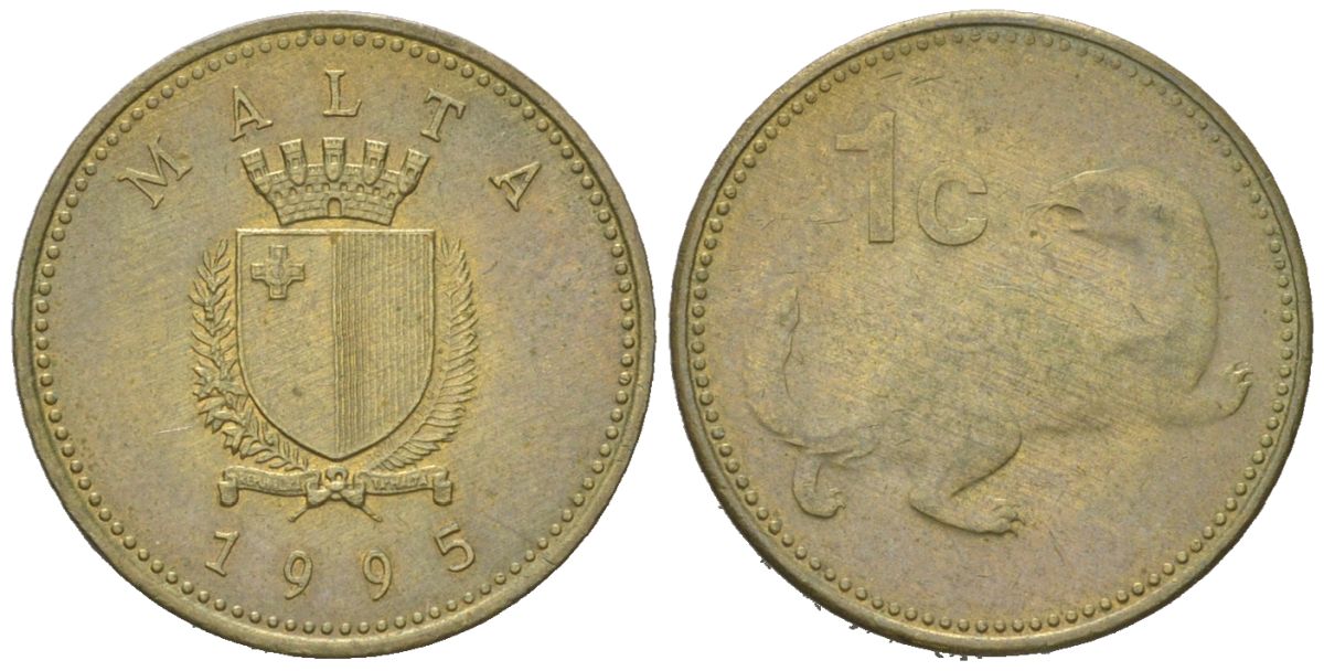 Мальта 1 цент 1995 ласка, горностай KM 93 никель латунь 192-1217