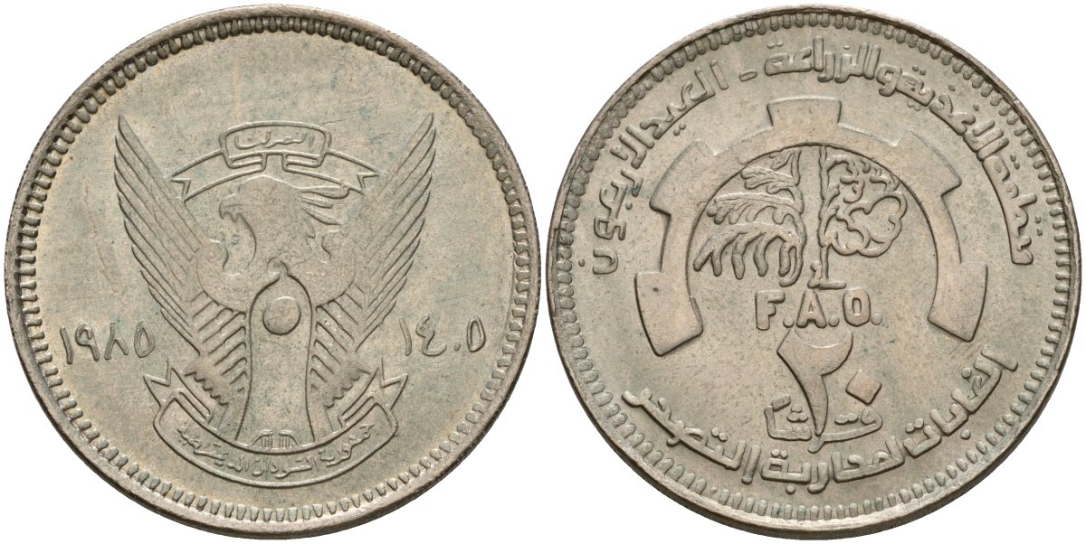 Судан 20 гиршей 1985 40 лет ООН KM 96 медно-никель UNC 4542-131