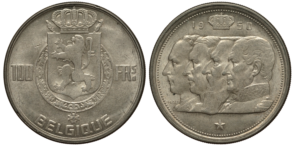 Бельгия 100 франков 1950 Belgique, королевская династия KM 138.1 серебро 557-1335