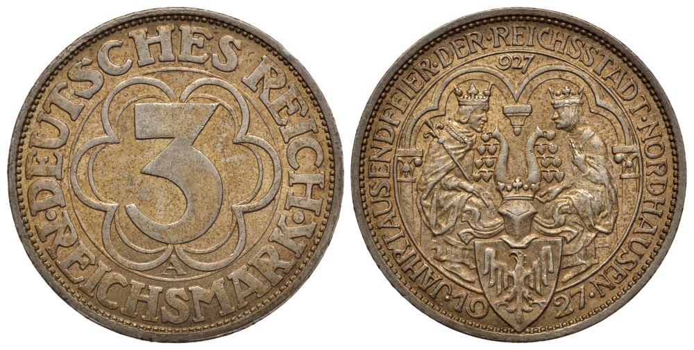 Германия 3 марки 1927 A, 1000 летие основания Нордхаузена J. 327, KM 52 серебро 00-812-27