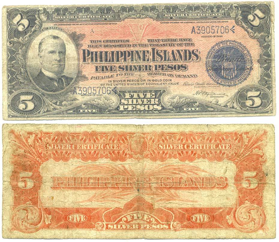 Филиппины 5 песо 1910 подписи Frencis Burton Harrison and J.L. Manning Pick 35d бумага 451-60-1