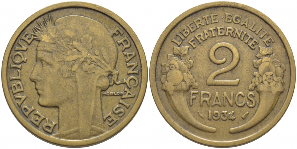 ФРАНЦИЯ 2 ФРАНКА 1934 KM 886 алюминиевая бронза 114-741